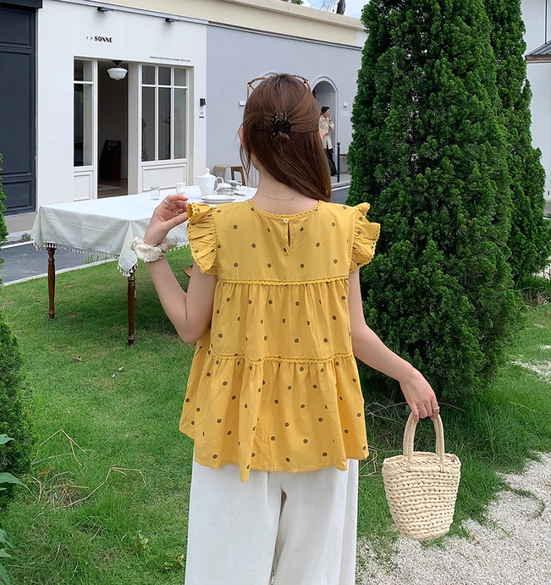 Polka dot round neck doll shirt Korean style slim tops