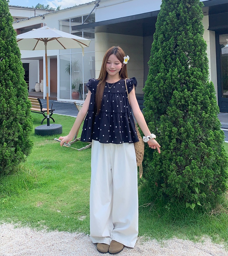 Polka dot round neck doll shirt Korean style slim tops