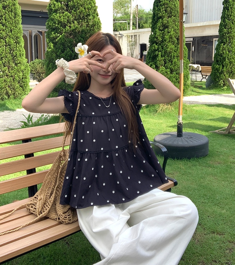 Polka dot round neck doll shirt Korean style slim tops