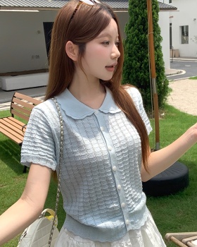 Doll collar blue cardigan summer knitted tops