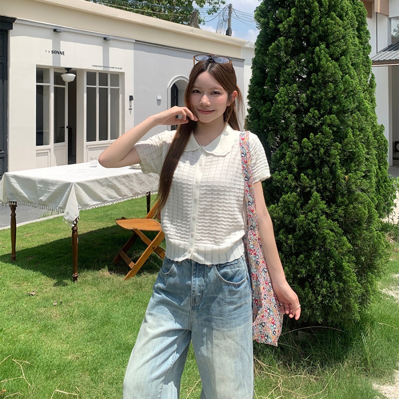 Doll collar blue cardigan summer knitted tops