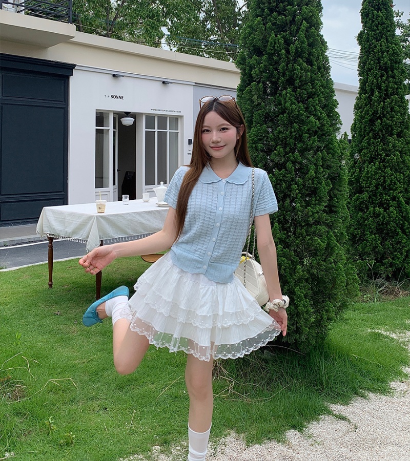 Doll collar blue cardigan summer knitted tops