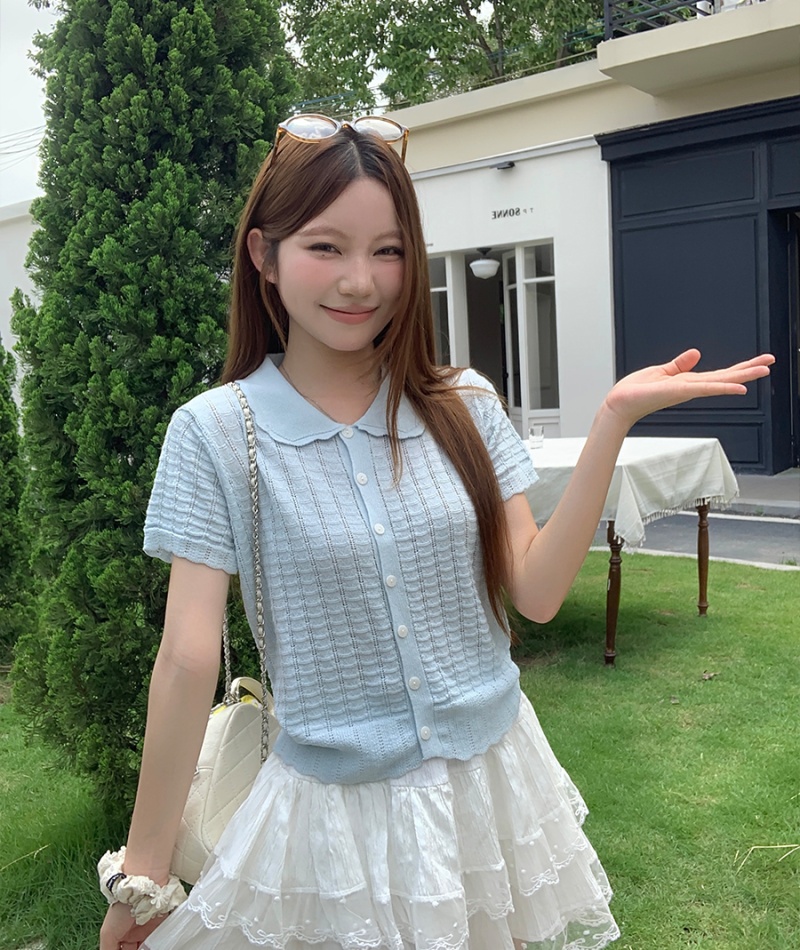 Doll collar blue cardigan summer knitted tops