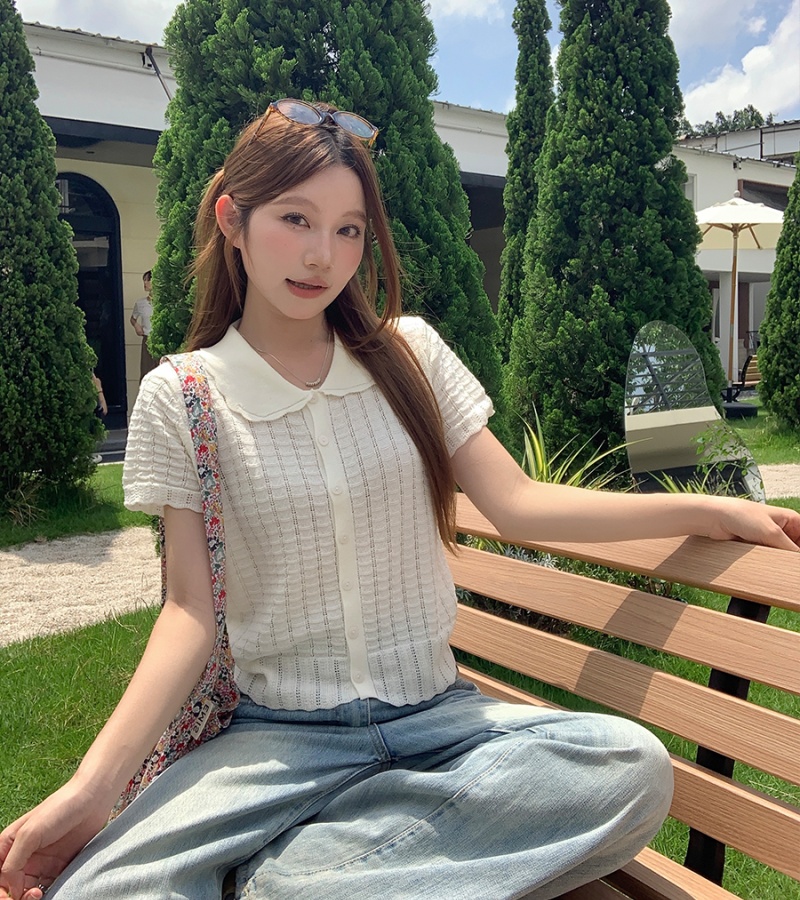 Doll collar blue cardigan summer knitted tops