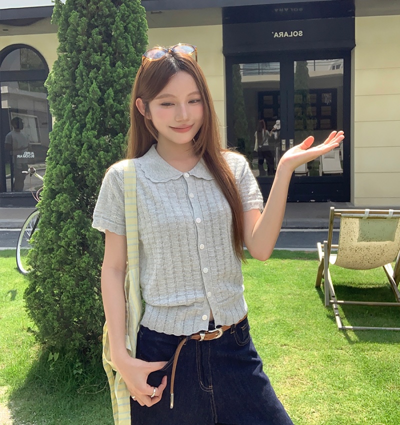 Doll collar blue cardigan summer knitted tops
