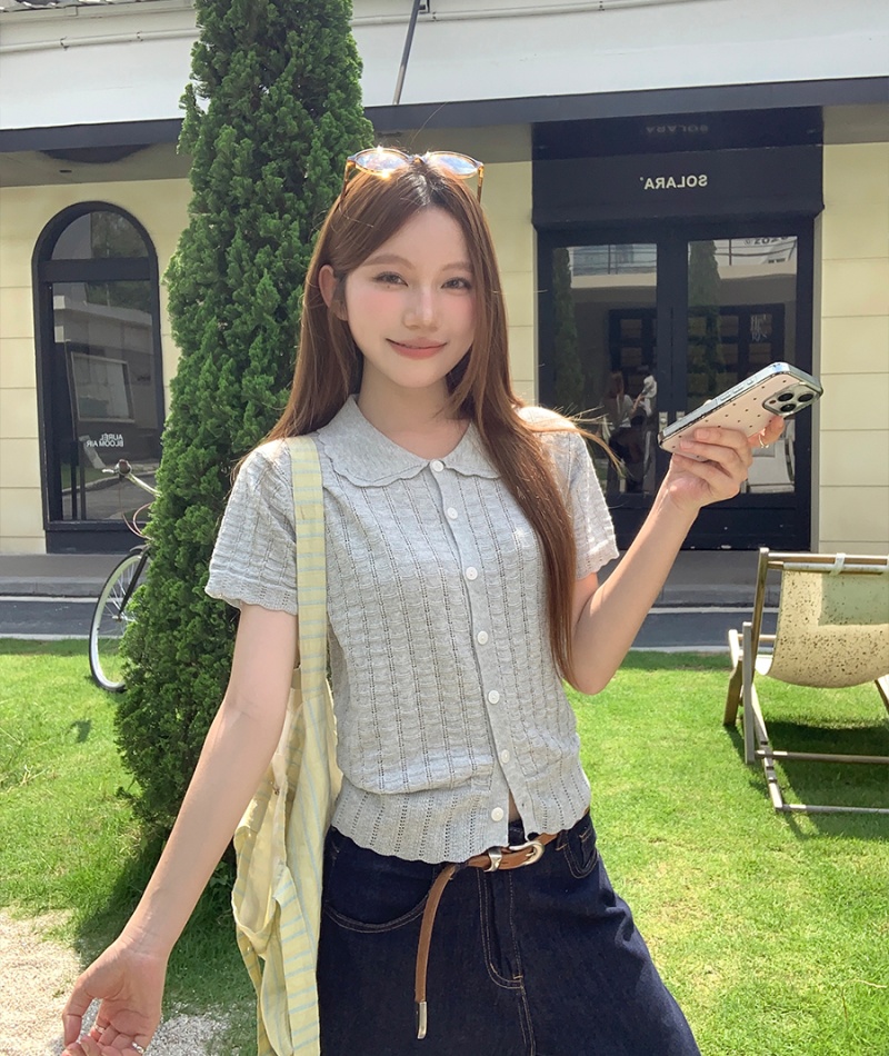 Doll collar blue cardigan summer knitted tops