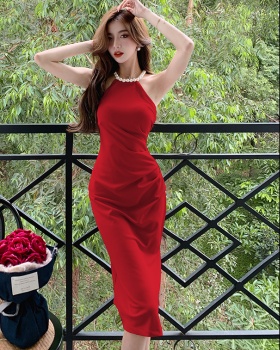 Split pearl halter fold summer long slim dress for women