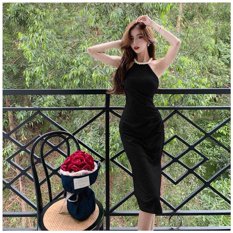 Split pearl halter fold summer long slim dress for women
