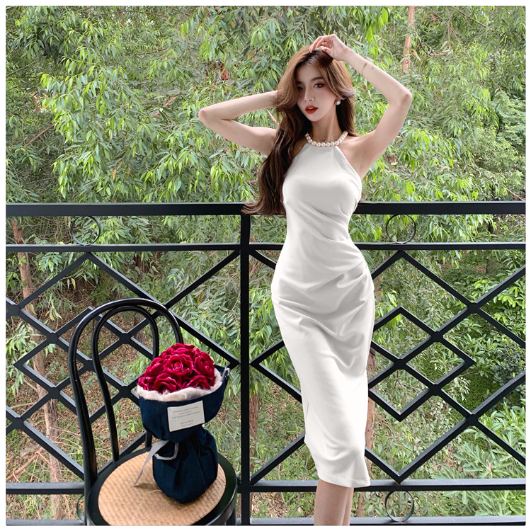 Split pearl halter fold summer long slim dress for women
