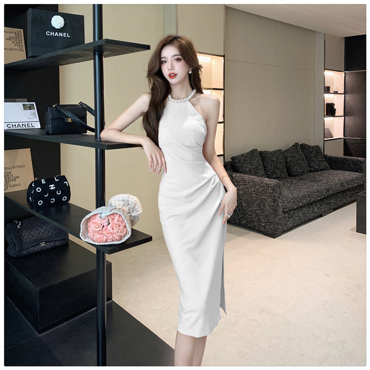 Split pearl halter fold summer long slim dress for women