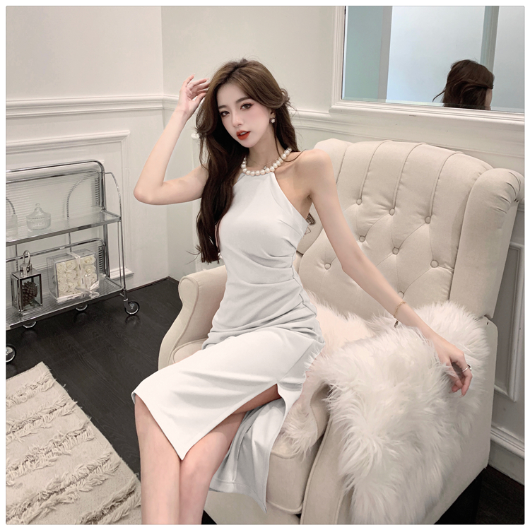 Split pearl halter fold summer long slim dress for women