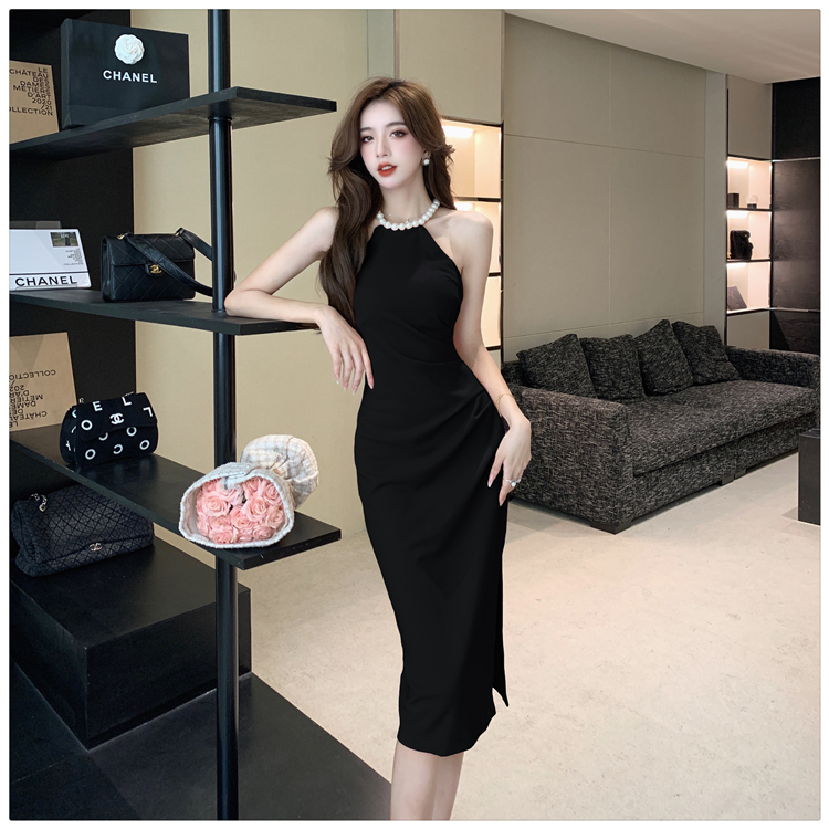 Split pearl halter fold summer long slim dress for women