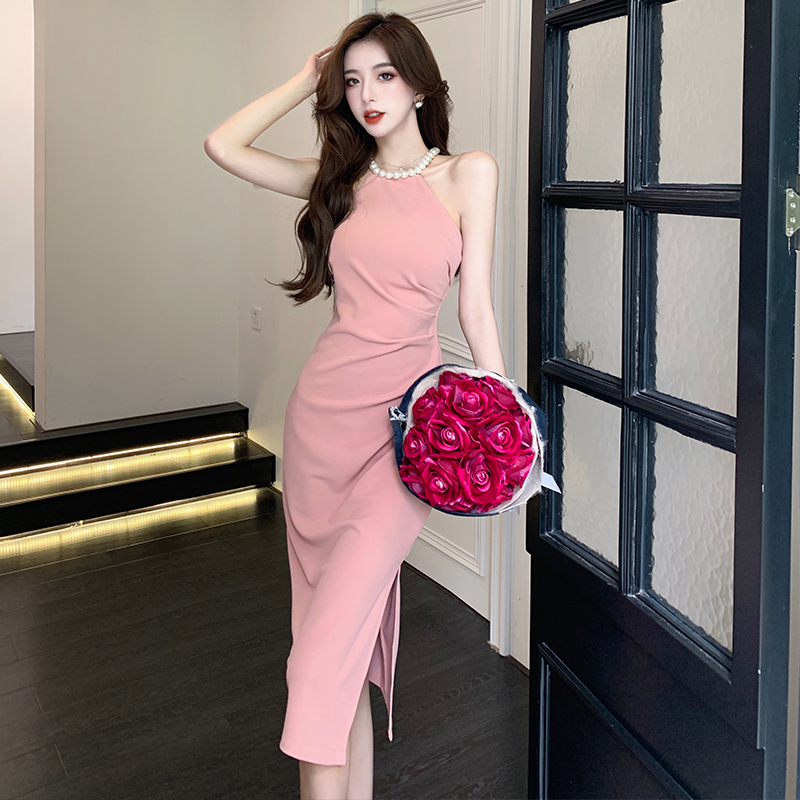 Split pearl halter fold summer long slim dress for women