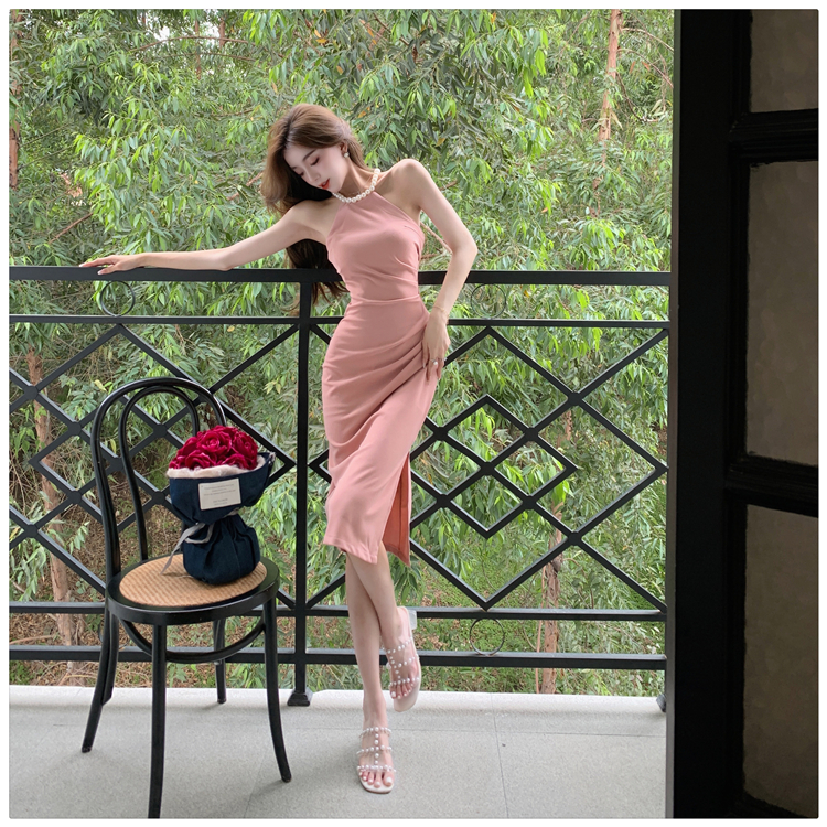 Split pearl halter fold summer long slim dress for women