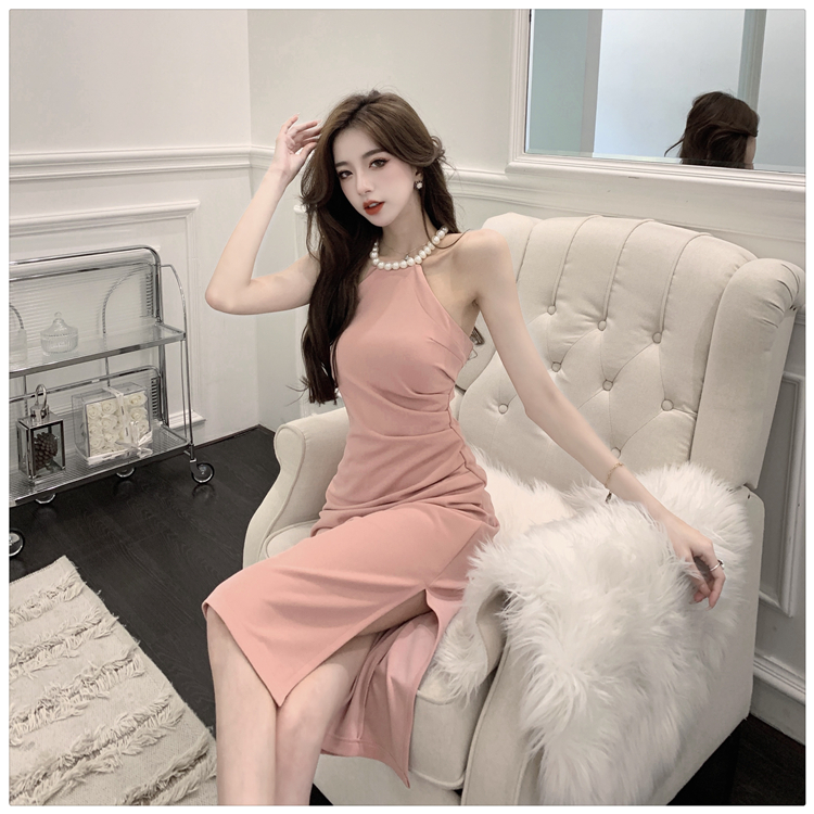 Split pearl halter fold summer long slim dress for women