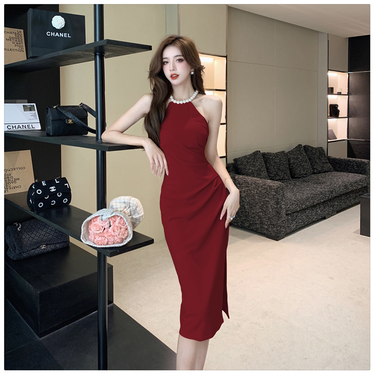 Split pearl halter fold summer long slim dress for women