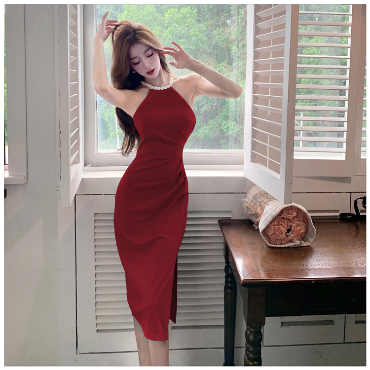 Split pearl halter fold summer long slim dress for women