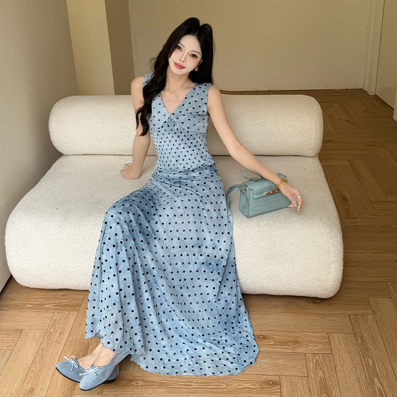 Summer retro skirt blooming slim vest a set
