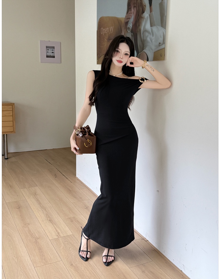 Pinched waist dress sloping shoulder long dress for women