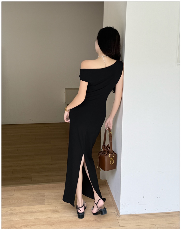 Pinched waist dress sloping shoulder long dress for women