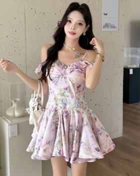 Floral pinched waist sweet style T-back slim painting dress
