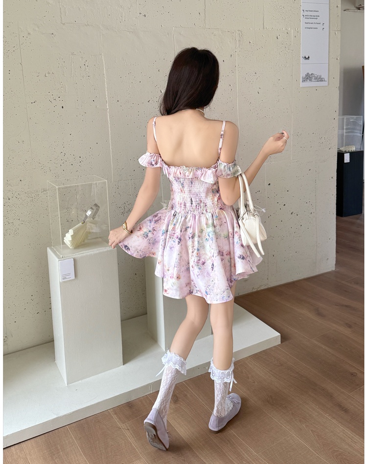 Floral pinched waist sweet style T-back slim painting dress
