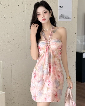 Sexy halter summer T-back rhinestone vacation dress for women