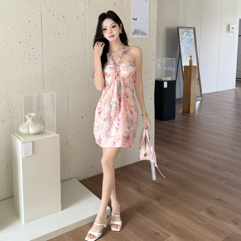 Sexy halter summer T-back rhinestone vacation dress for women