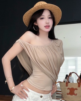 Elasticity fold breathable T-shirt sloping shoulder slim tops