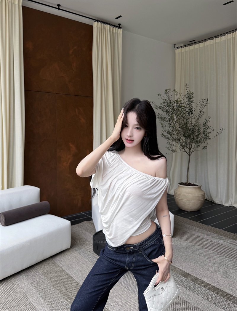 Elasticity fold breathable T-shirt sloping shoulder slim tops