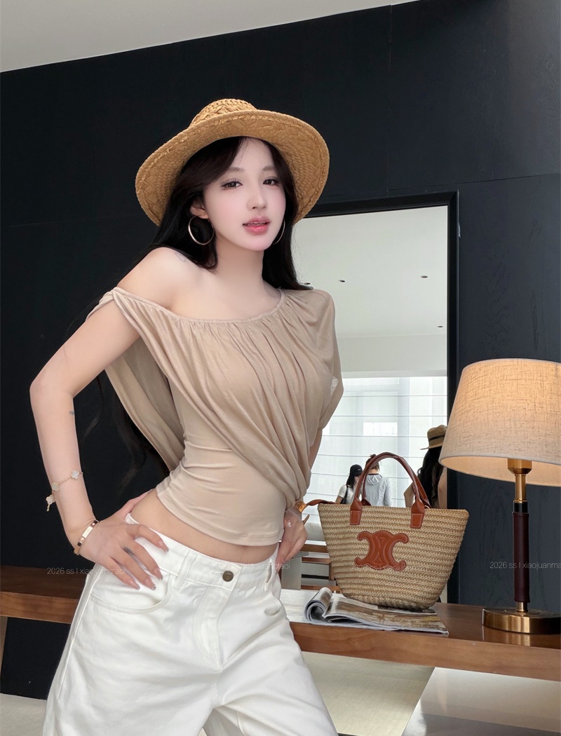 Elasticity fold breathable T-shirt sloping shoulder slim tops