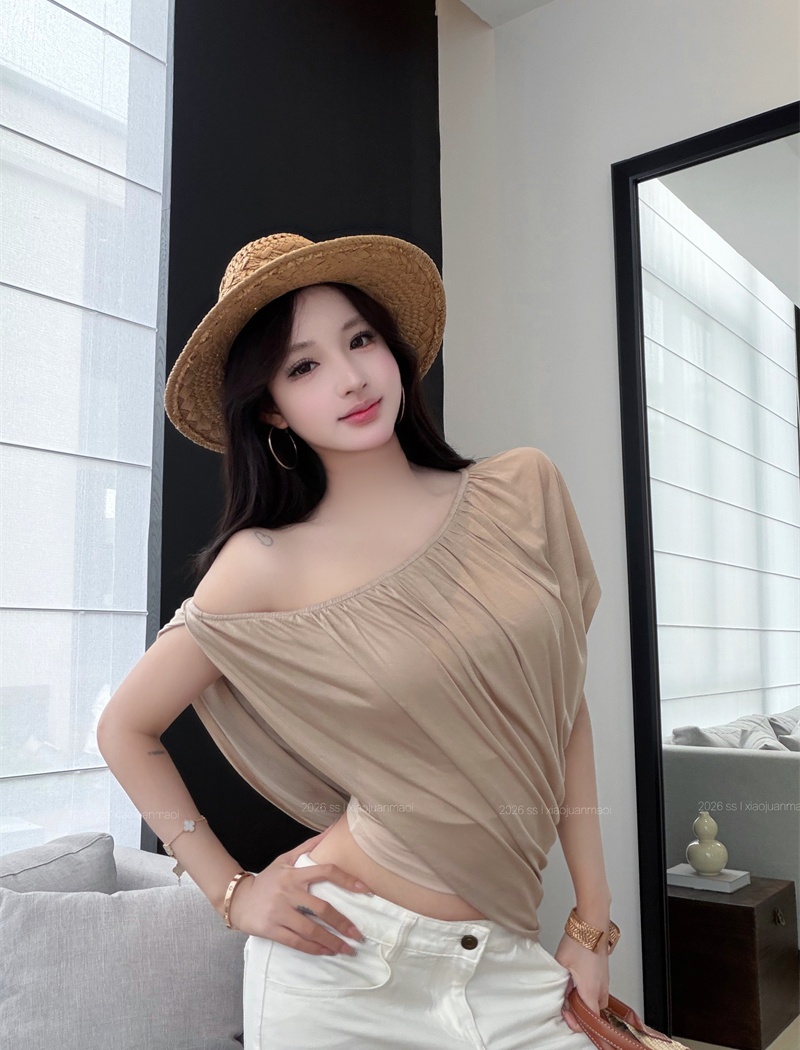 Elasticity fold breathable T-shirt sloping shoulder slim tops