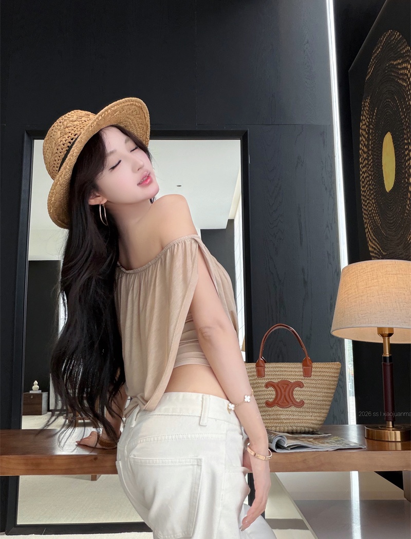 Elasticity fold breathable T-shirt sloping shoulder slim tops