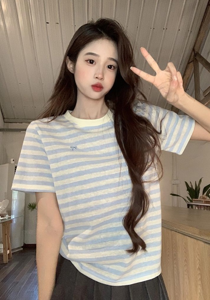 Round neck short embroidery T-shirt summer slim stripe tops