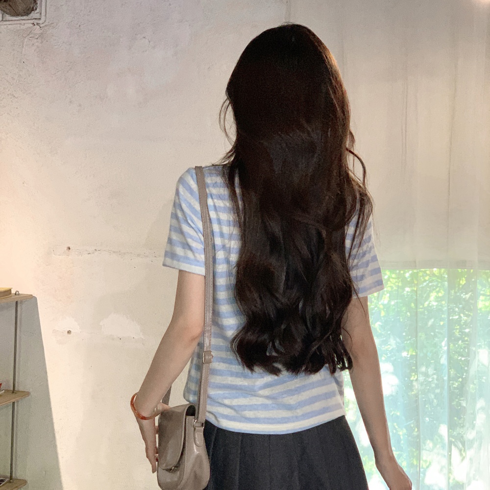Round neck short embroidery T-shirt summer slim stripe tops