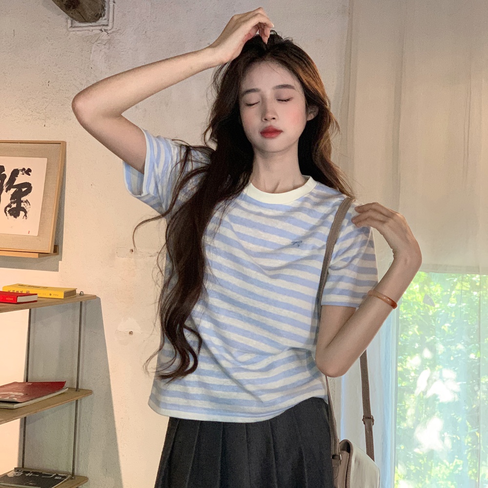 Round neck short embroidery T-shirt summer slim stripe tops