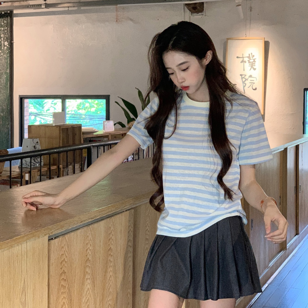 Round neck short embroidery T-shirt summer slim stripe tops