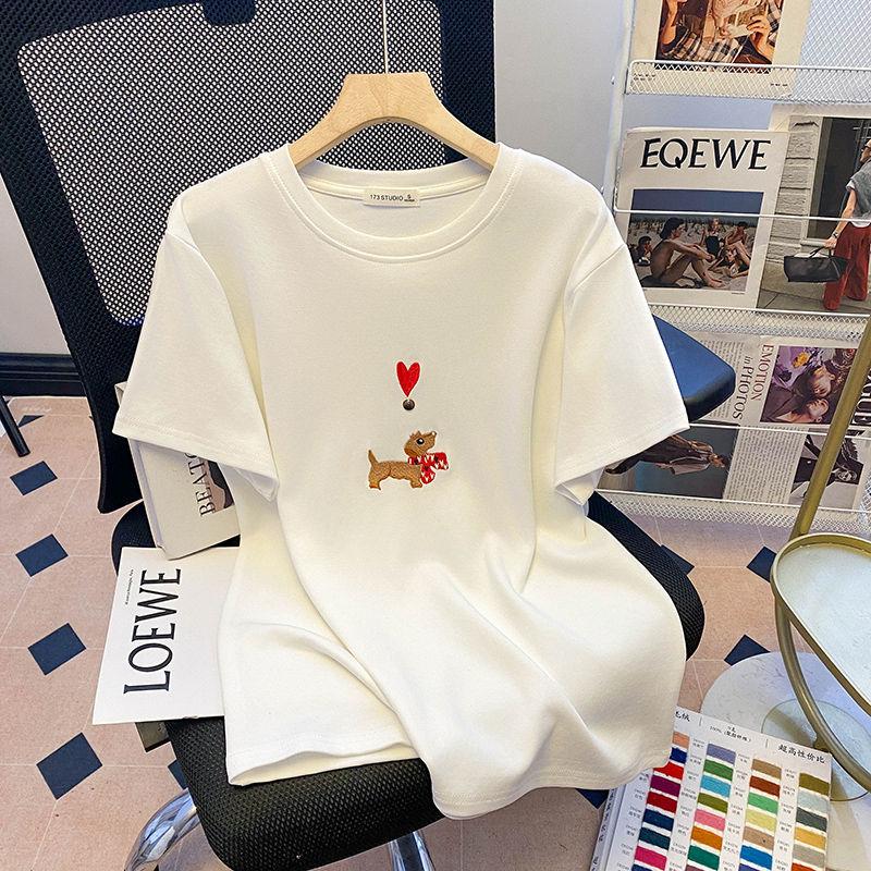 Embroidery T-shirt round neck tops for women