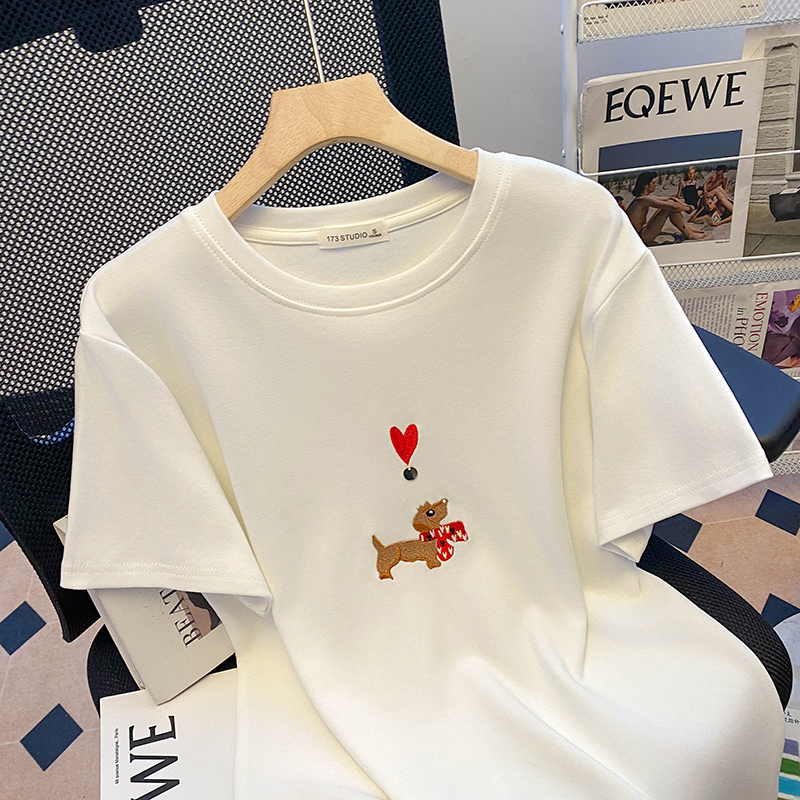 Embroidery T-shirt round neck tops for women