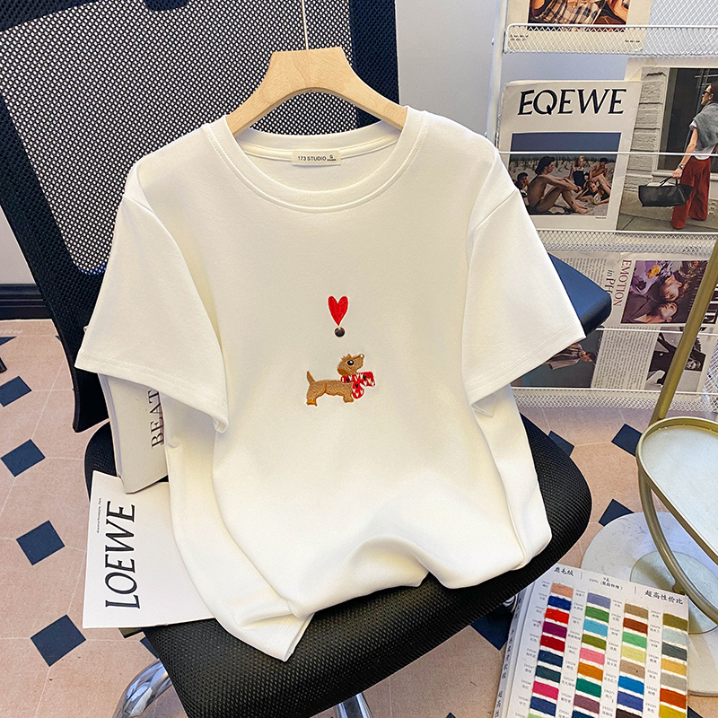 Embroidery T-shirt round neck tops for women