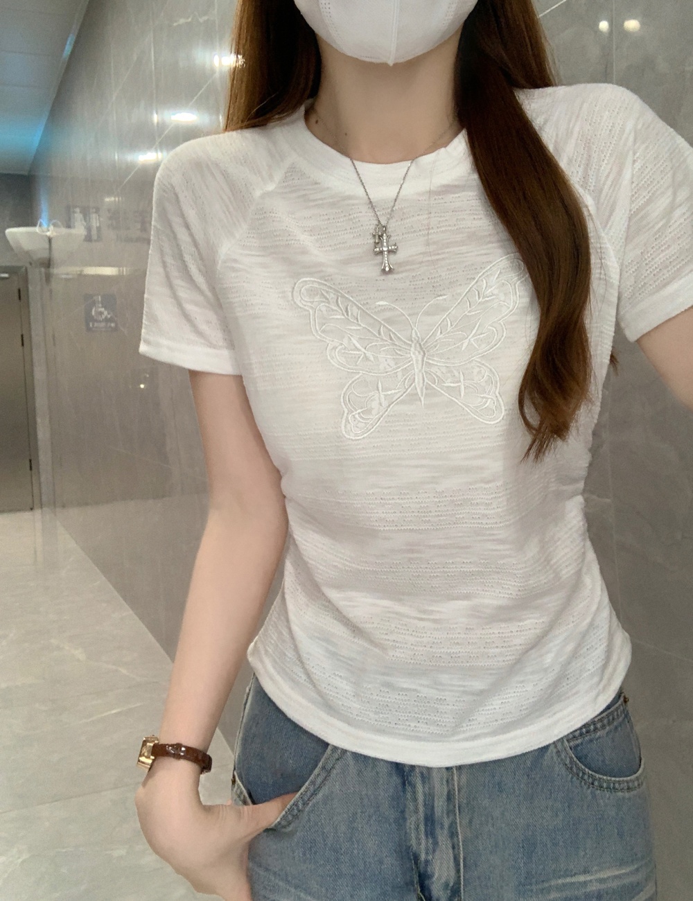 Summer round neck tops slim T-shirt for women