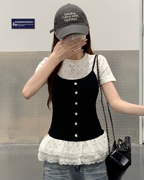 Summer lace hem tops slim short sleeve T-shirt