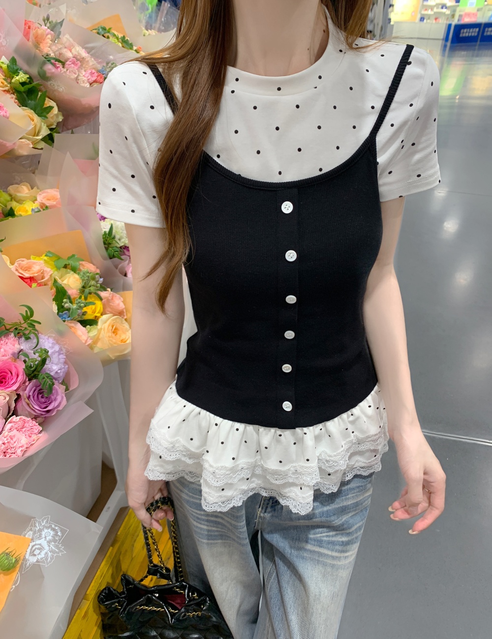 Summer lace hem tops slim short sleeve T-shirt