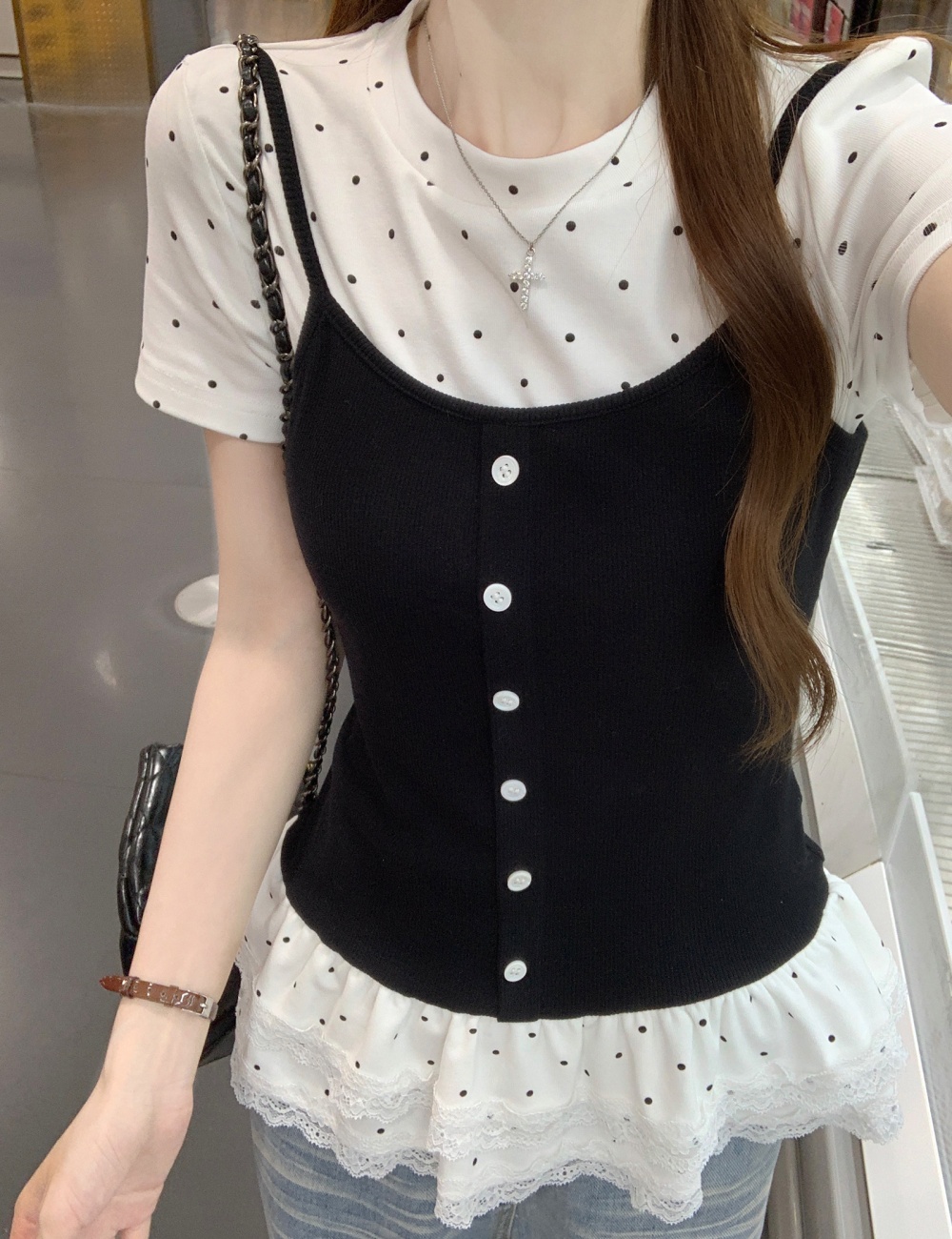 Summer lace hem tops slim short sleeve T-shirt