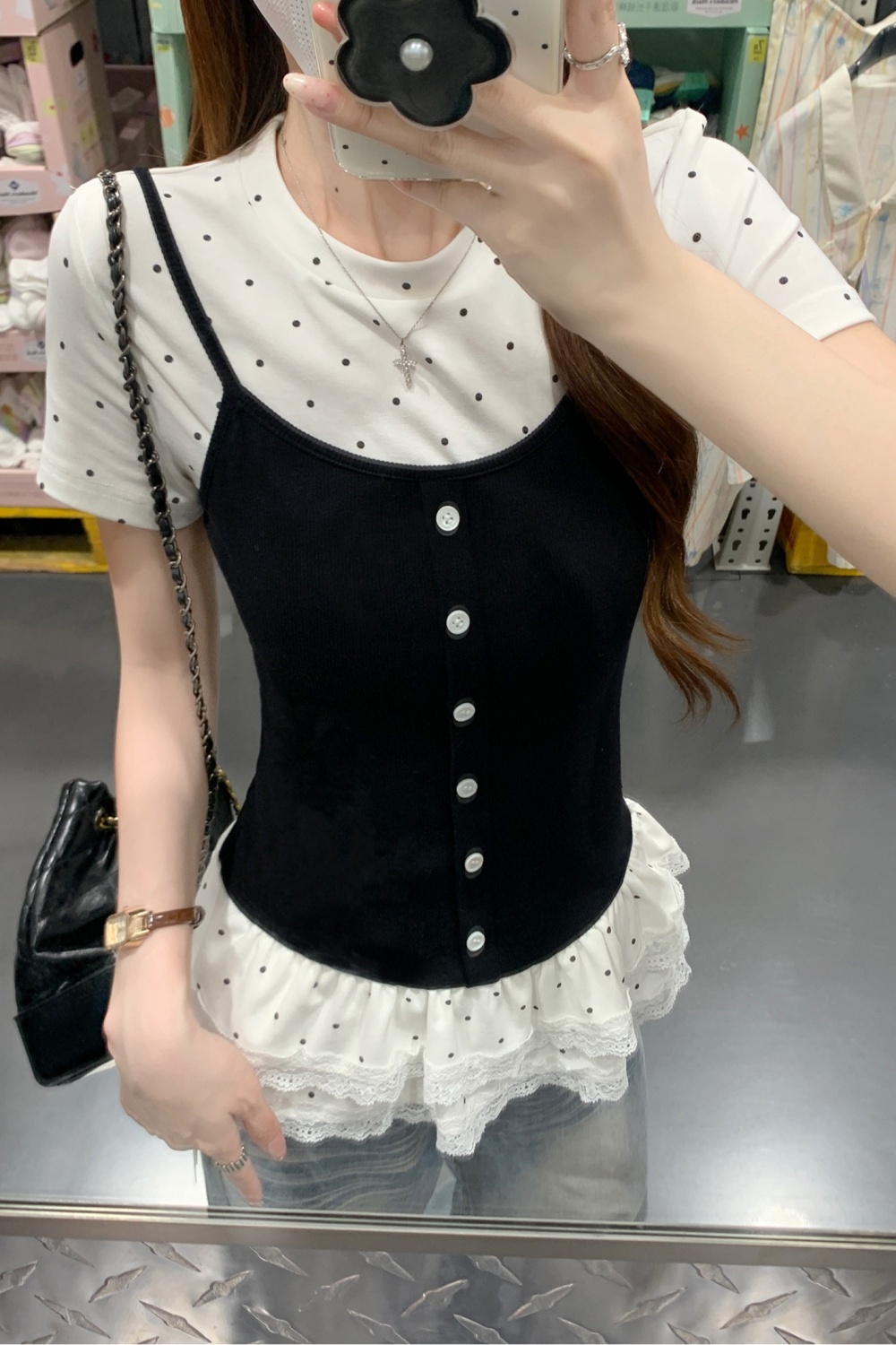 Summer lace hem tops slim short sleeve T-shirt