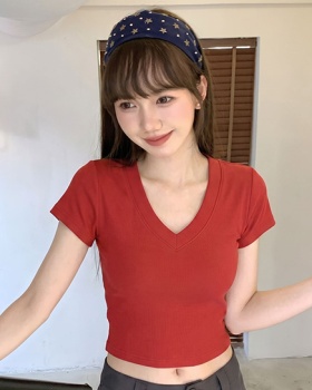 V-neck tight summer slim large collar T-shirt for women