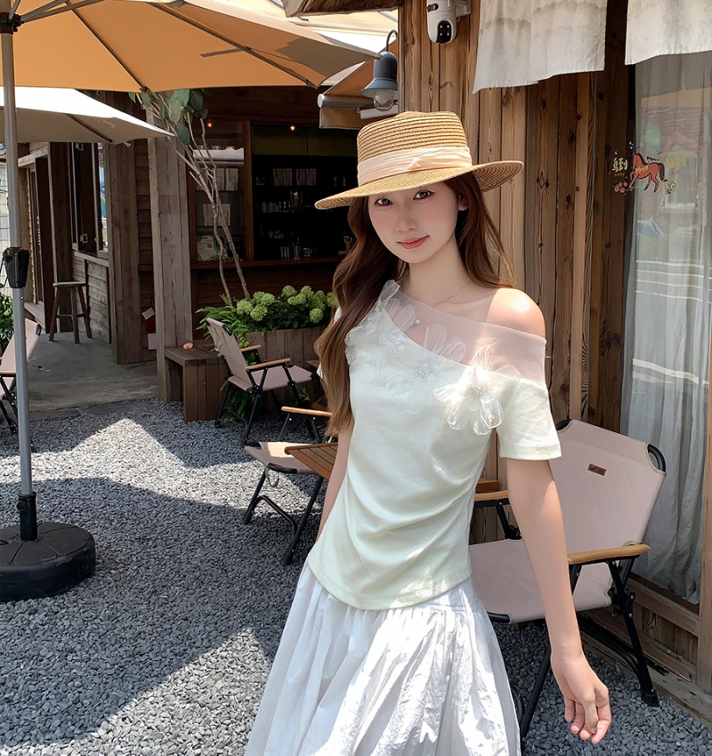Flowers gauze tops enticement strapless T-shirt for women