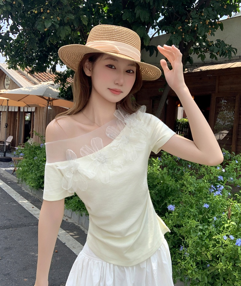 Flowers gauze tops enticement strapless T-shirt for women