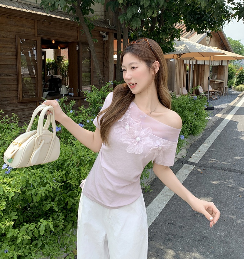Flowers gauze tops enticement strapless T-shirt for women