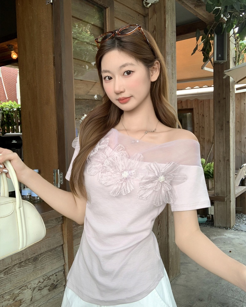 Flowers gauze tops enticement strapless T-shirt for women
